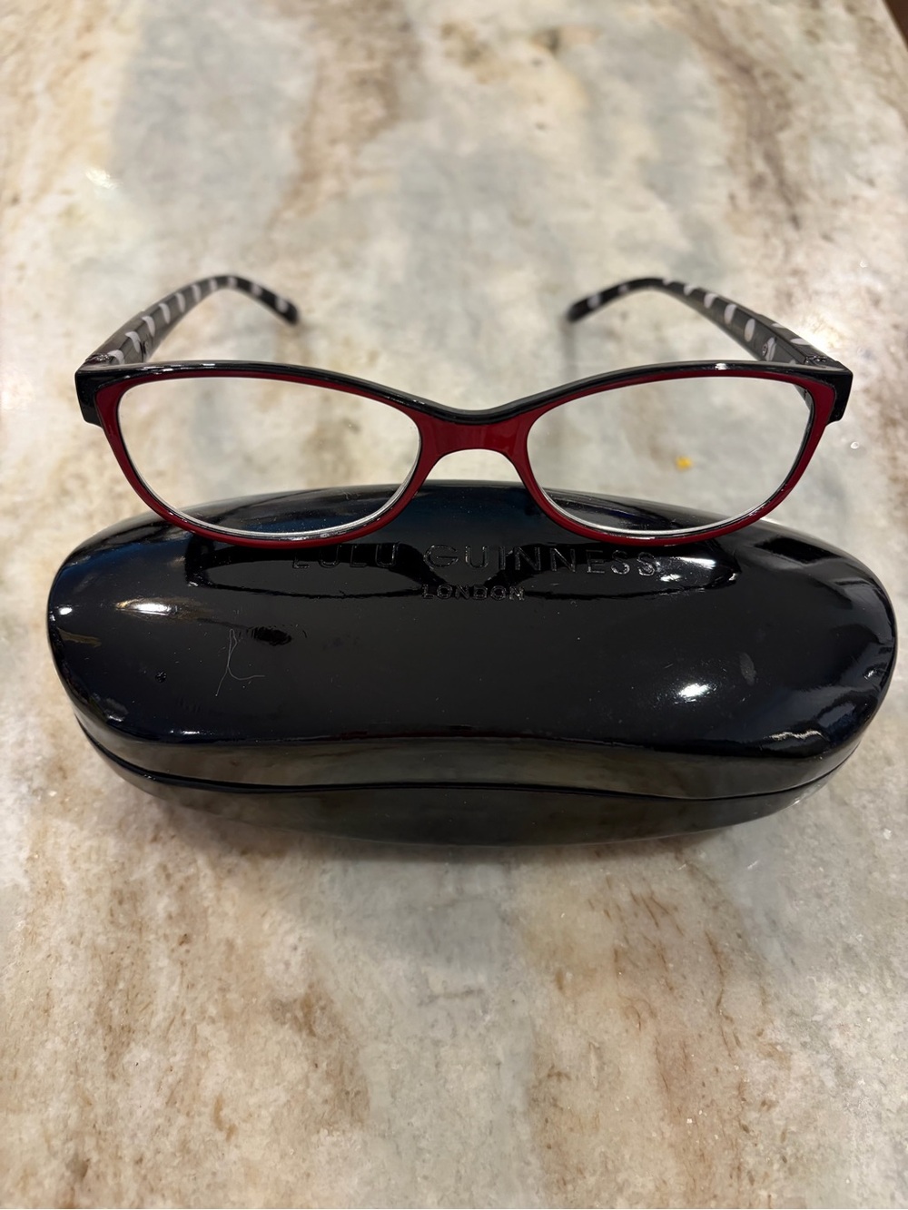 Lulu Guinness Red and Black Reading Glasses, power 2.0, with branded case